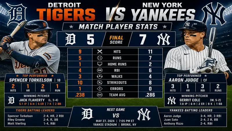 Detroit Tigers vs New York Yankees Match Player Stats