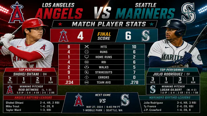 Los Angeles Angels vs Seattle Mariners Match Player Stats